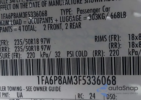 2015 Ford Mustang V6 из США, поврежденный, VIN 1FA6P8AM3F5336068